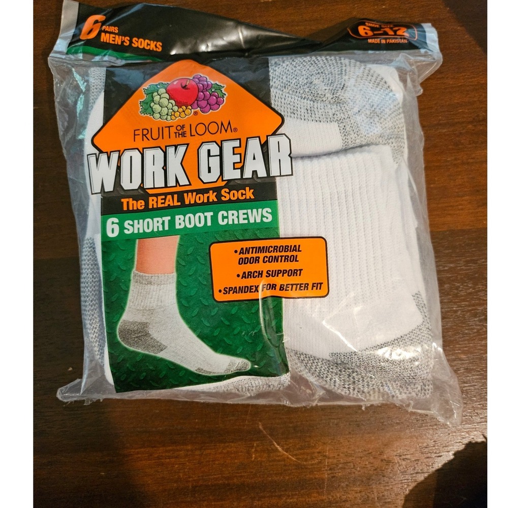 Fruit of the Loom Work Gear Socks Mens 6-12 White 6 Pair Short Boot Crew